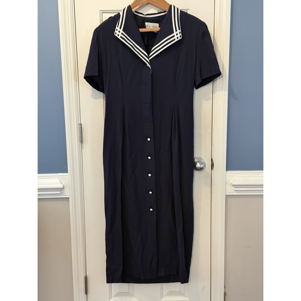 Miss Dorby Navy vintage sailor Midi‎ Dress Collared Button Size 10  Classic